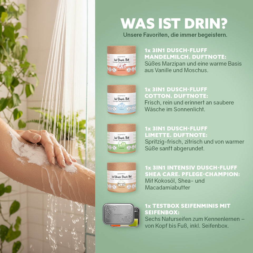 Spar-Set '3in1 Dusch-Fluff Bestseller Flavour + Testbox Seifenminis mit Seifenbox'
