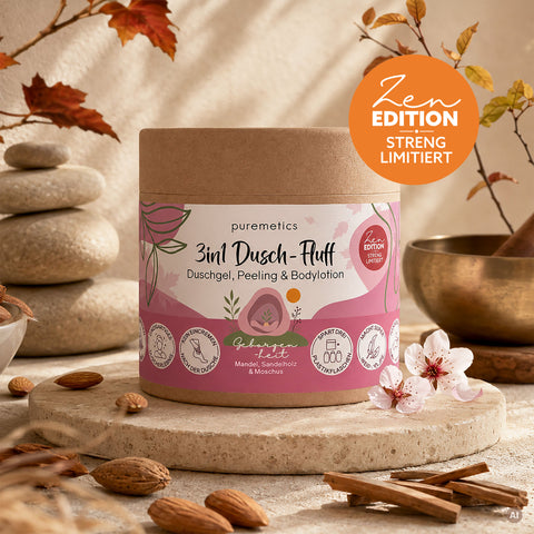 3in1 Dusch-Fluff ‘Geborgenheit: Mandel, Sandelholz & Moschus‘